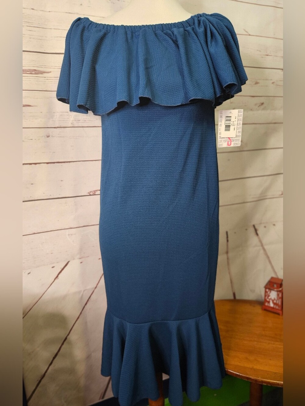 LuLaRoe Teal Off-Shoulder Ruffle Hem Dress